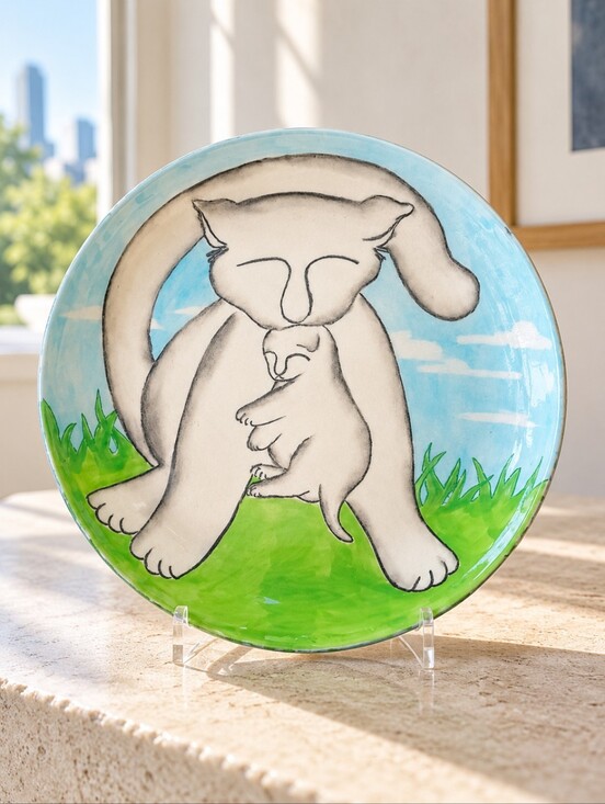 Vintage Other - Vintage Signed Studio Pottery Cat Kitten 12" Hand Painted Ceramic Plate